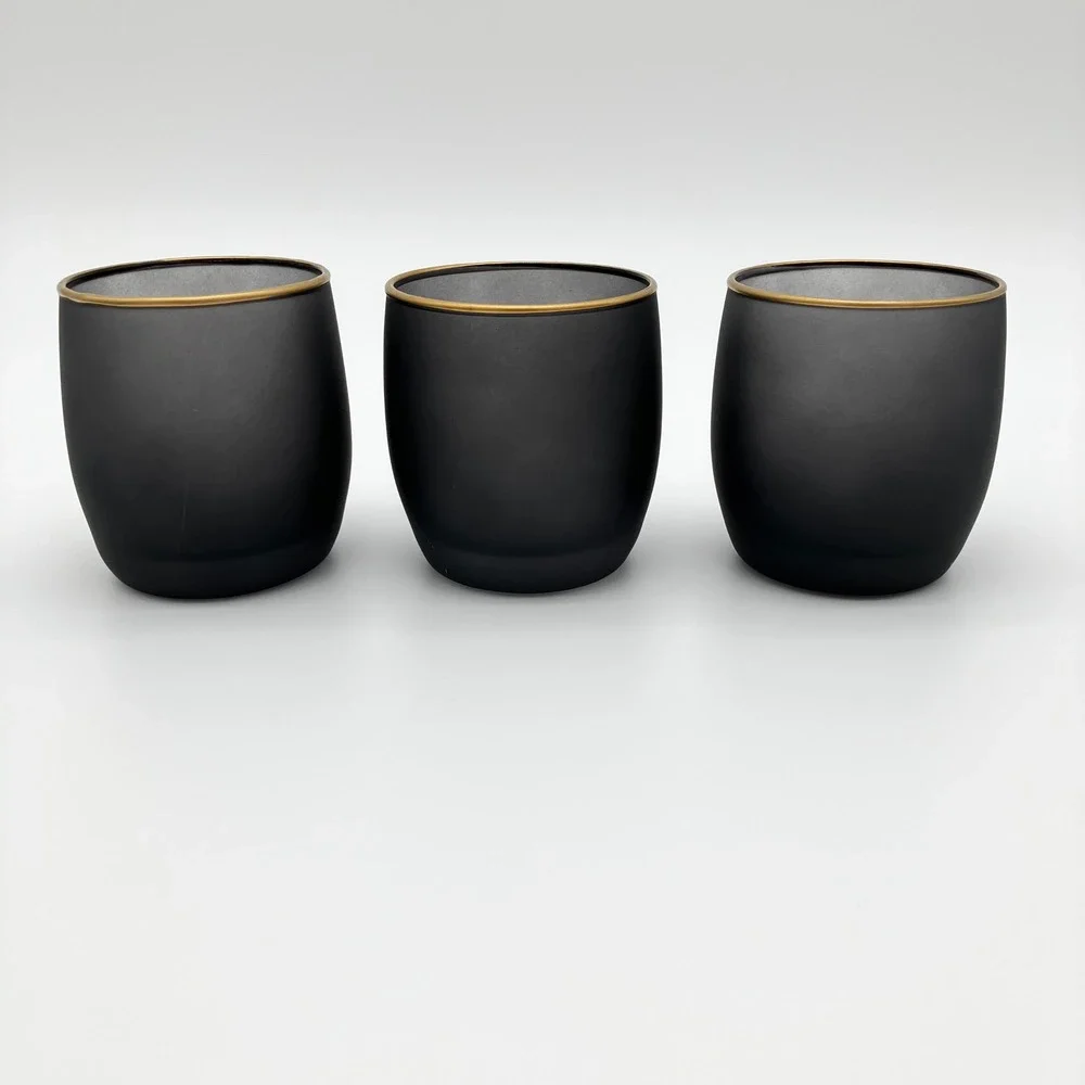 Votive Candle Holders Set of 3 Matte Black Gold Rim Frosted Glass